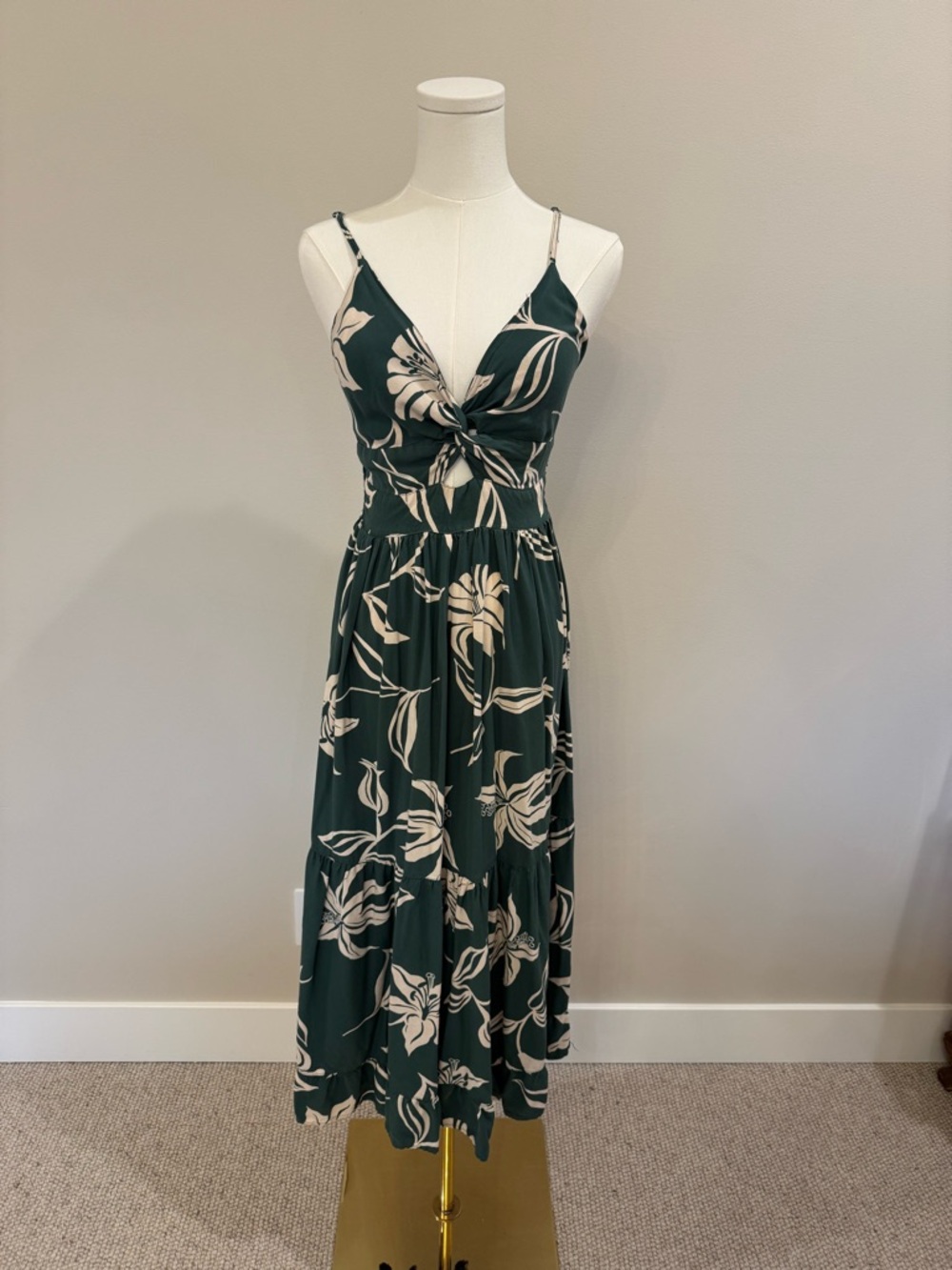 Angie Forest Green and Cream Floral Midi Dress